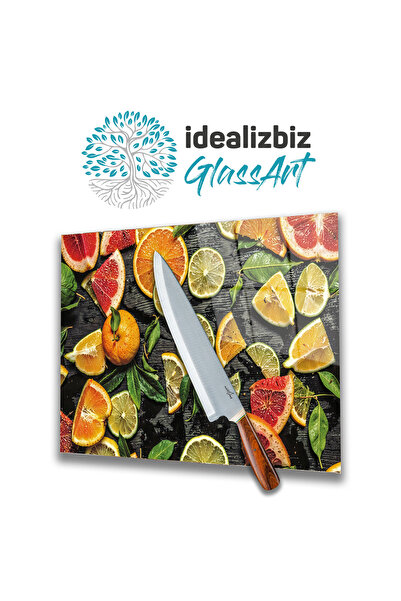 idealizbiz لوح تقطيع زجاجي بنقشة الفاكهة (36×23 سم)