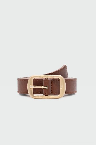 Shule Bags Rectangular Buckle Embroidered Faux Leather Belt Tan