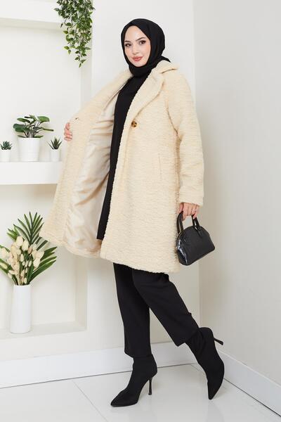 Hb Harma Time Butik Women's Fur Fabric Lined Buttoned Beige Coat