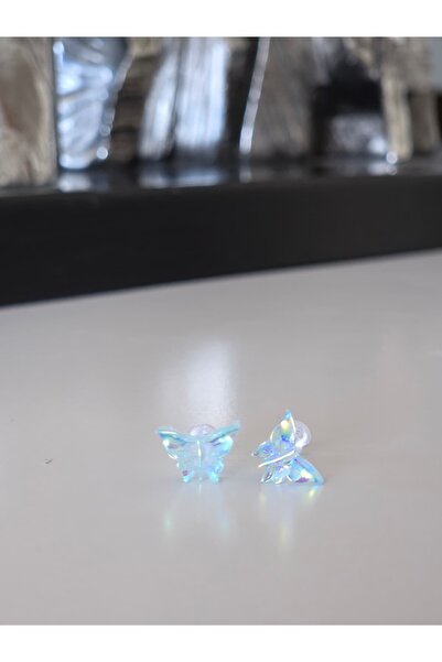 AyShope Antialerjik Şeffaf Uçlu Bioplast Mavi Kelebek Desenli Silikon Küpe