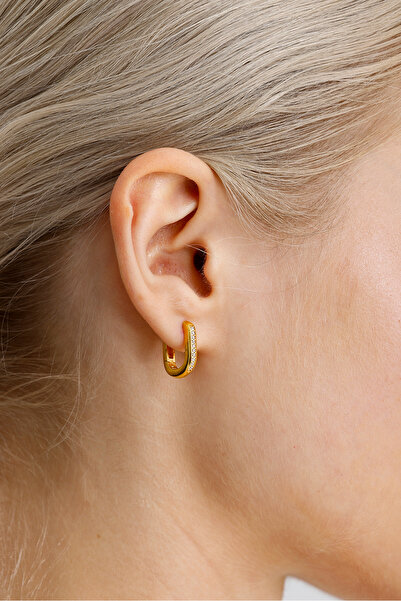 Ventino Silver 18K Altın Kaplama Tek Sıra Taşlı 925 Ayar Gümüş Kadın Oval Küp...