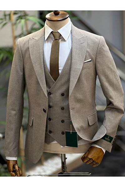 SAVARA Men's Beige Slimfit Dobby Pattern Vest Suit