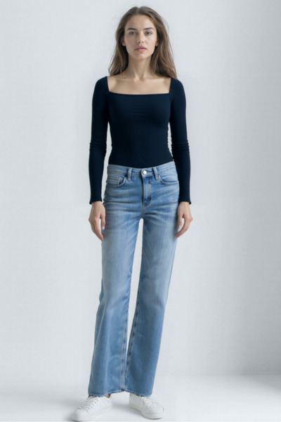 WESTMARK LONDON Navy Blue Square Neck Long Sleeve Women's Crop Bodysuit Cecilia Crop