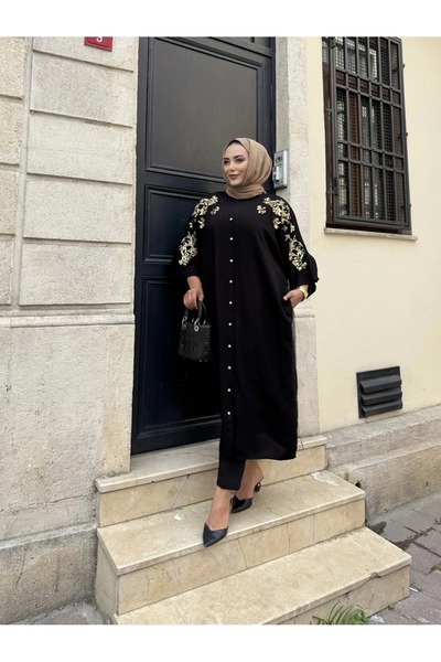 Güler Casual Düğmeli Nakışlı ve Pul Detaylı Siyah Renk Elbise