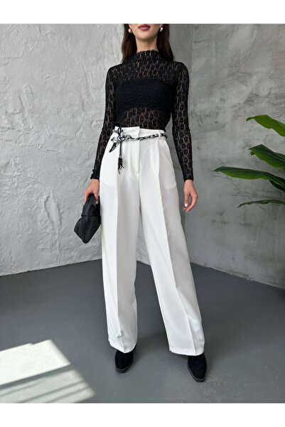 Elif Özbey Butik White Scarf Belted Palazzo Pants