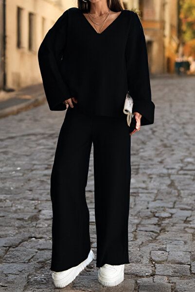 Cockatoo Set de pantaloni și pulover tricotat elegant cu decolteu în V pentru femei