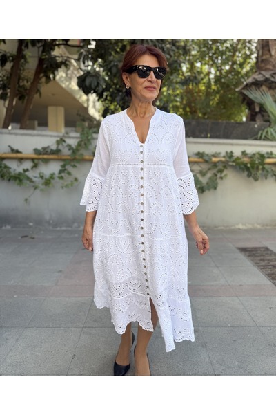 DenizEge All Button Brode Dress White