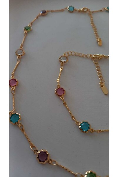 maxxoraa Renkli Taşlı Çelik Kolye & Bileklik Seti