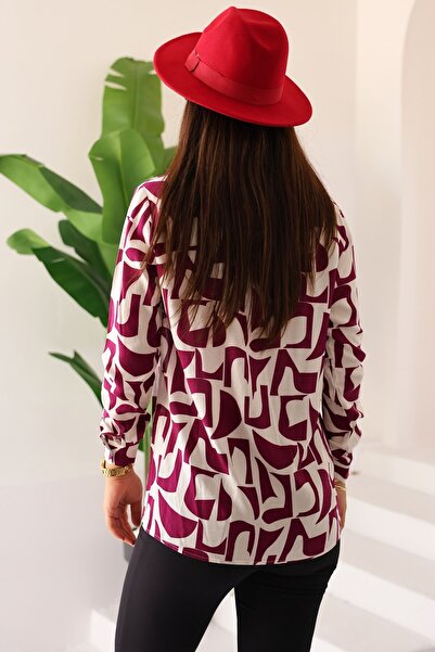 Kübra Tekstil Regular Women's Burgundy Cream Patterned Long Sleeve Shirt Tunic - Women's Tunic