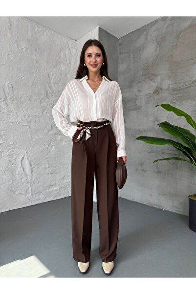 Elif Özbey Butik Brown Scarf Belted Palazzo Pants