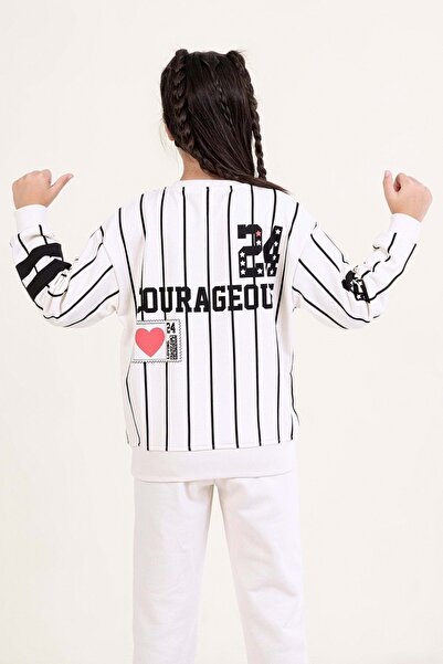 ww waka waka kids store Φούτερ για κορίτσια με λευκές και μαύρες ρίγες BELIEVER COURAGEOUS με στάμπα, άνετο κόψιμο