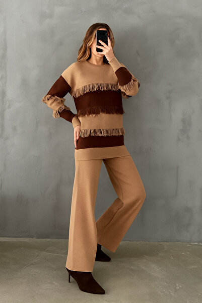 cheen Chen Camel Bistüvi Women's Tassel Detailed Winter Bottom-Top Knitwear Set