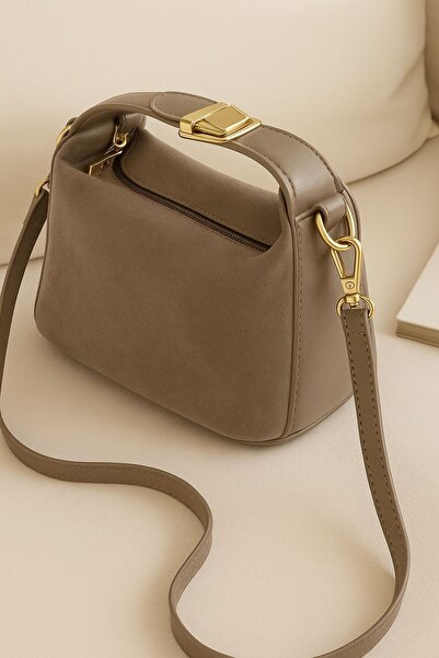 DEZ STORE Lüks Süet Deri Detaylı Altın Aksesuarlı Omuz ve Çapraz Çanta