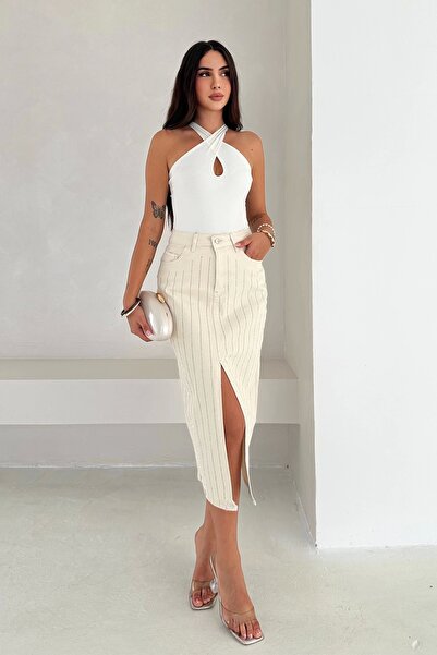 AsprinFashion Parallel Stone Slit Denim Skirt White