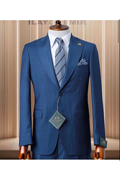 ilayda emir Blue and White Striped Swallow Collar Men's Suit