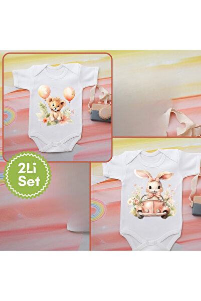 soft wing طقم ملابس أطفال بناتي مكون من قطعتين بنقشة أسد وفيل لطيف (100% قطن ...