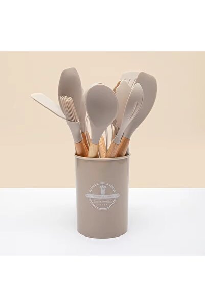 BKC HOME 13 Pieces Silicone Colander Scoop Beater Spoon Brush Spatula Tongs Serving Set Kitchenware with Bamboo Handle