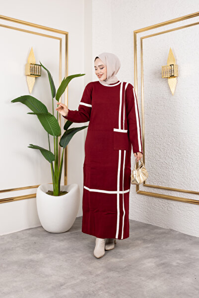 Eliva Kadın Bordo Beyaz Çizgili Şerit Detaylı Tek Cepli Kolu Şerit Çizgi Detaylı Triko Tesettür Elbise
