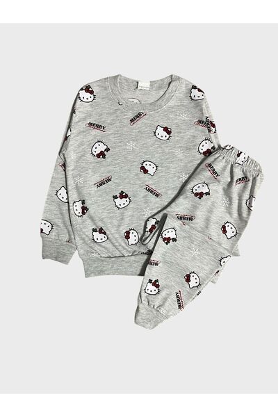 Pajama Shop Girl's 100% Cotton Gray Heart Patterned Long Sleeve Seasonal Pajama Set