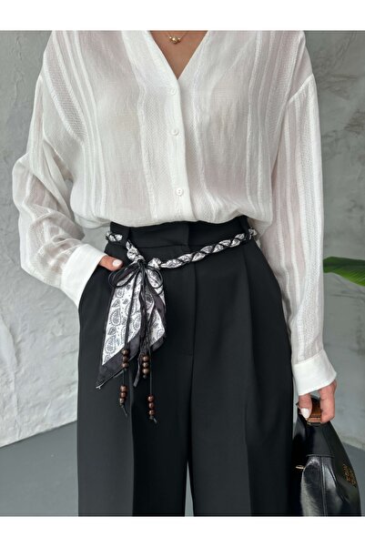 Elif Özbey Butik Black Foulard Belted Palazzo Trousers