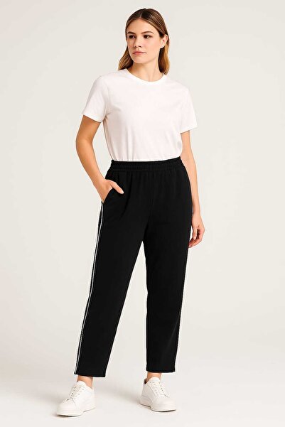 Şans Women's Plus Size Black, Elastic Waist, Piping Detail, Leg with Small Slit, Pocket Sweatpants Bottom 65N39149