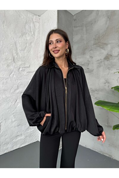 Elif Özbey Butik Black Front Zipper Bomber Satin Jacket