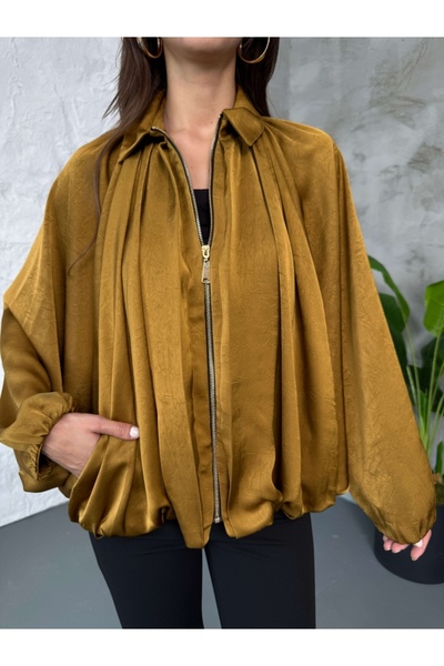 Elif Özbey Butik Safran Front Zipper Bomber Satin Jacket
