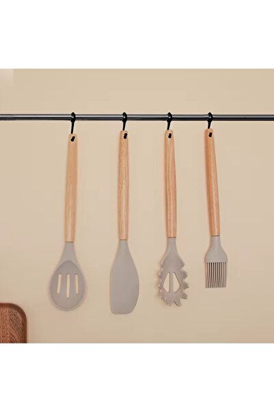 BKC HOME 13 Pieces Silicone Colander Scoop Beater Spoon Brush Spatula Tongs Serving Set Kitchenware with Bamboo Handle