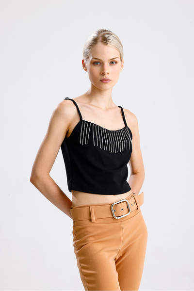 Sense Stone Chain Detailed Scuba Crepe Short Blouse |   Blz34564 Black