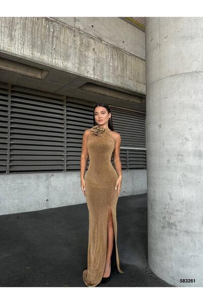 Modafeminen Rochie de seară cu decolteu din țesătură flexibilă cu flori, cu detaliu de trandafiri, cu fante, GOLD 583261