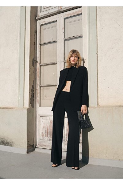 MANGO Woman Orta bel düz kesim kumaş pantolon