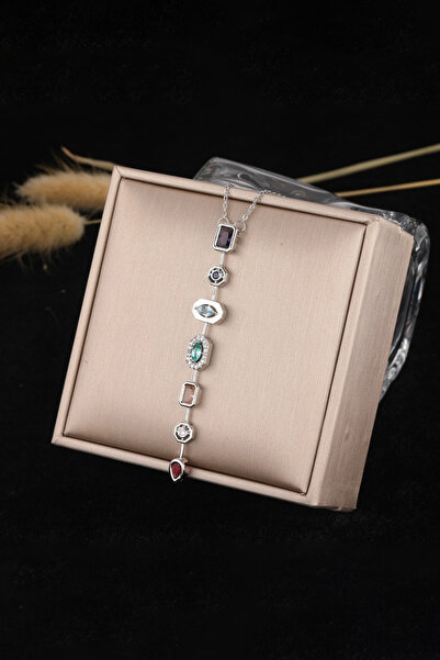 The Collection 7 Colors Element Crystal Stone Y-Shaped Necklace Non Tarnish Silver Women's Crystal Stone Steel Necklace