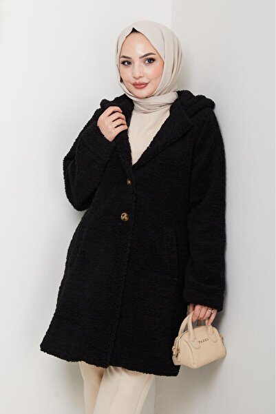 Hb Harma Time Butik Γυναικείο μαύρο παλτό με κουκούλα με επένδυση από γούνινο...
