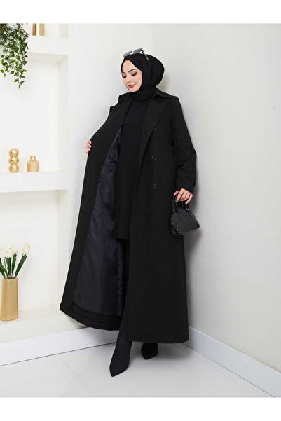 B.HE.Z Amazon Keten Degaje Collar Full Length Lined Belted Trench Jeans Black