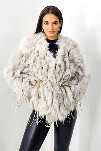 FashionForYou Aylin elegant coat, made of fox fur, with asymmetrical sequins, Dusty white, Size S/M/L