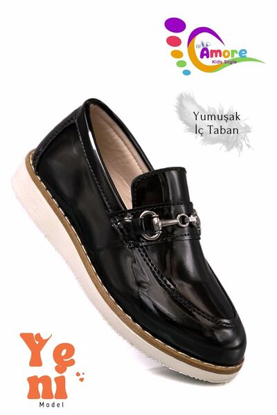 Moda Anna Erkek Çocuk Ayakkabı Köprü Tokalı - Okul Düğün Sünnet Ayakkabısı TR Siyah Beyaz