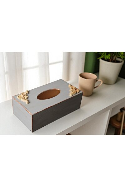 Decoratiuni Vintage Casa Retro Napkin box and carved wooden ornament, hand-painted antique gray, 13*25 cm