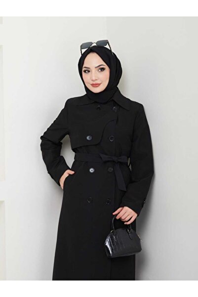 B.HE.Z Amazon Keten Degaje Collar Full Length Lined Belted Trench Jeans Black