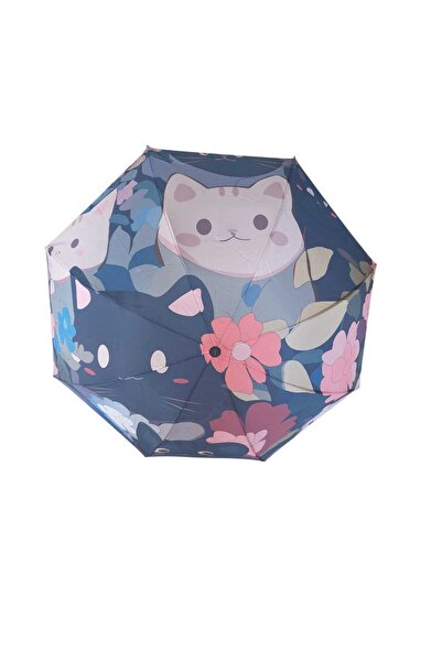 ELEVEN MARKETS Emoji Kedi Desenli Şemsiye Rüzgara dayanıklı Manuel Şemsiyesi