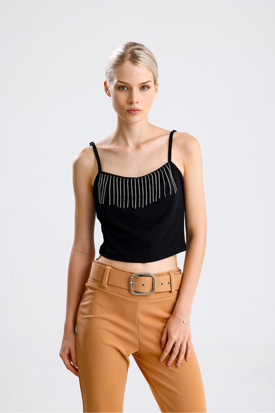 Sense Stone Chain Detailed Scuba Crepe Short Blouse |   Blz34564 Black
