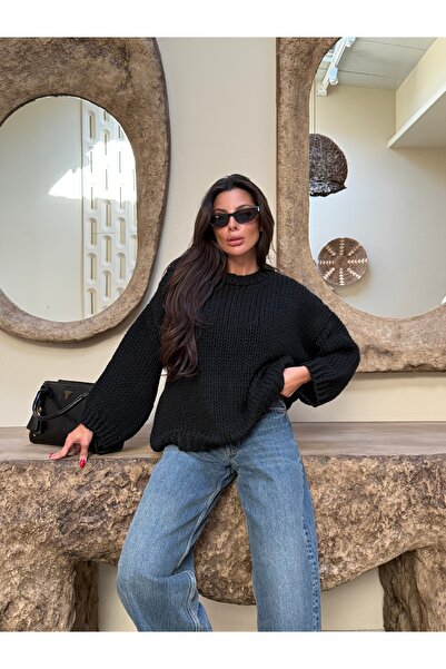 kenza'a Pulover tricotat oversize cu gât rotund din tricotat Selanik