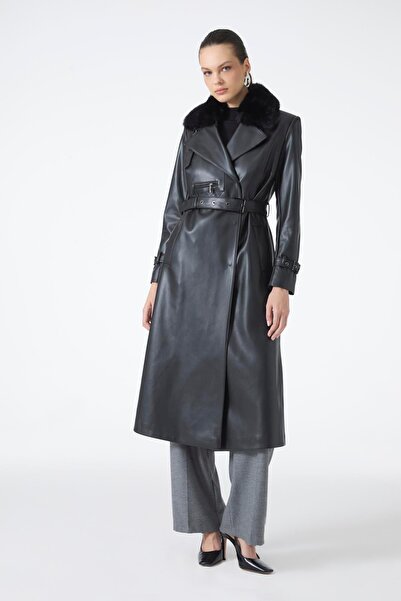 Zühre Fur Collar Belted Leather Black Trench Coat 14017