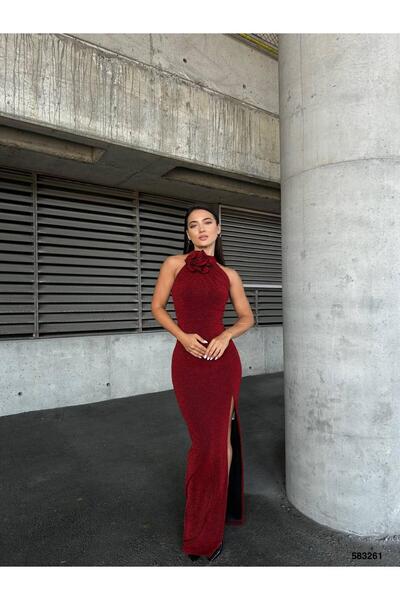 Modafeminen Flexible Flowers Fabric Collar Rose Detailed Slit Evening Dress Red 583261