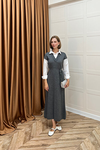 Stilife Sleeve Collar Shirt Knitwear Dress Gray