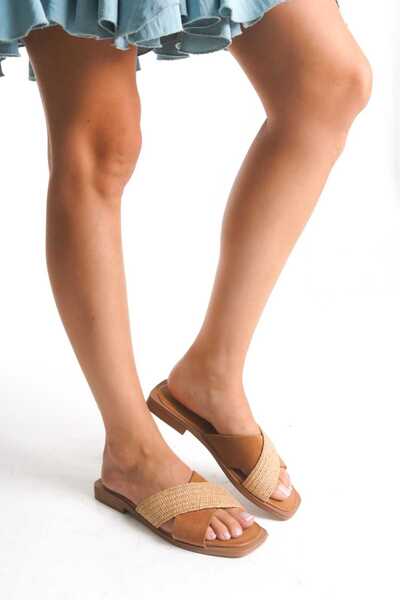 ERNİLA Dani̇ Genuine Leather and Linen Cross Women's Slippers