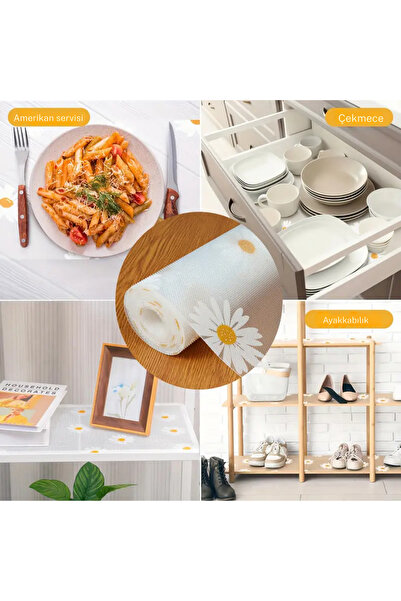 teknotrust Mutfak Eva Shelf Liner Şeffaf Astar Kaymaz Dolap İçi Çekmece Örtüsü Papatya Desen Mat 45cmx10 Metre