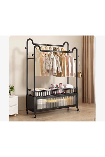 Un علاقة ملابس بتصميم ذكي ووحدة تخزين فخمة بعجلات سهلة الحركة اسود