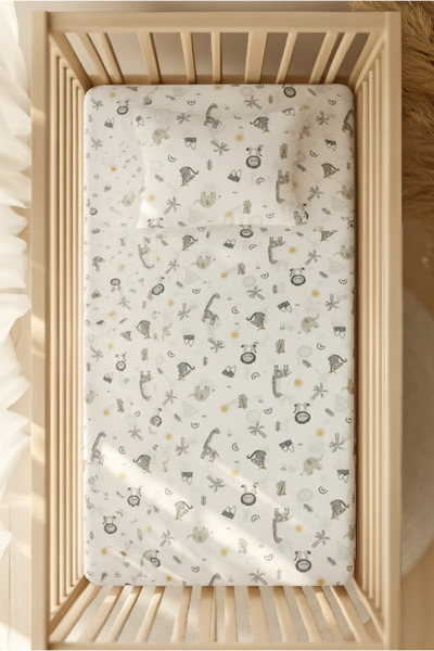 pistore 100% Cotton Ranforce Fitted Sheet Set - Dinosaur, Elephant and Lion Patterned Park Bed 70X120 35X45