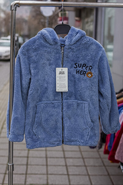 Uğur bebe Cardigan cu glugă din pluș albastru pentru copii Welsoft – Palton cu fermoar brodat