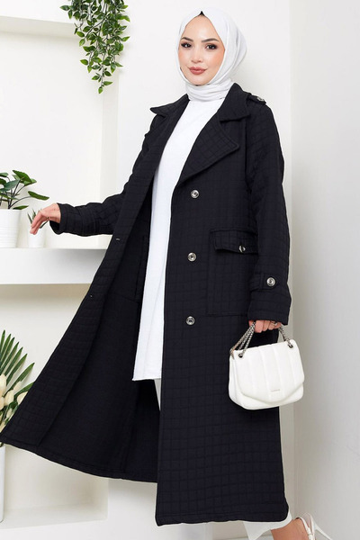 MissThetis Kruvaze Ceket Yaka Apoletli Uzun Kol Çift Cepli Kuşaklı Şık ve Cool Midi Boy Kapitone Trençkot